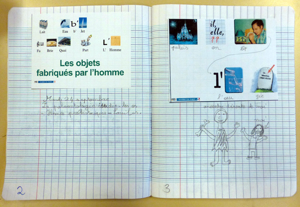 Magnify the scientist's notebook of ArkeoTopia filled by a kid during 2013-2014 science workshop