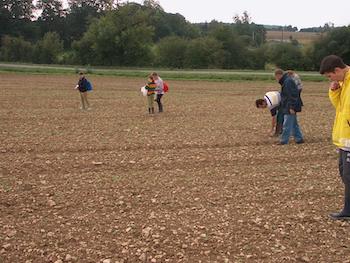 Une opération de prospection dans un champ par des archéologues amateurs et bénévoles de la SPFER