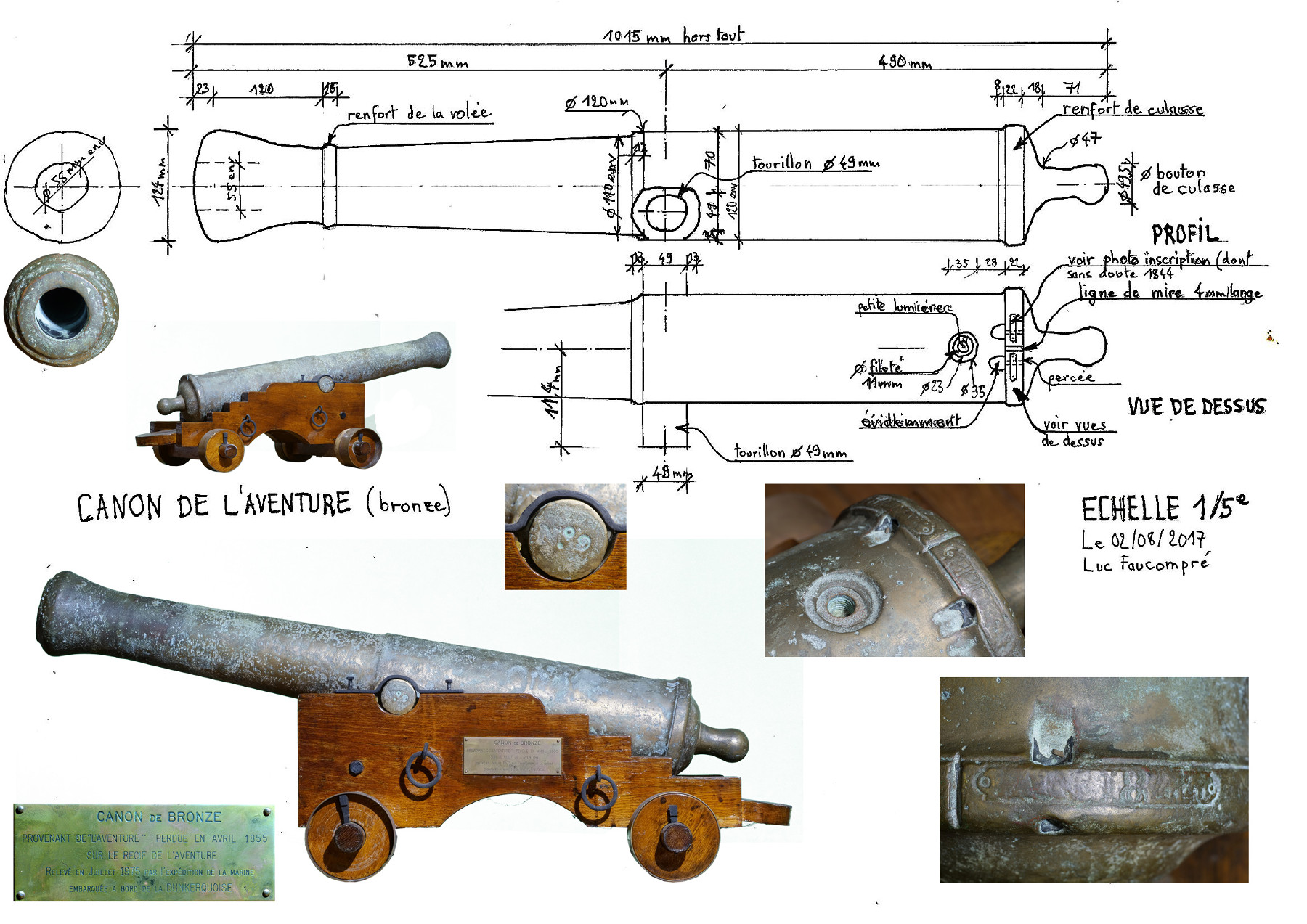 Drawing and dimensions of the canon taken by Luc Faucompré of Fortunes de Mer Calédoniennes