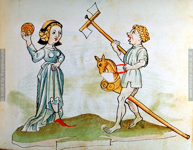 Children playing from a book of heraldry, showing a ball, some mechanical toy and a hobby horse
