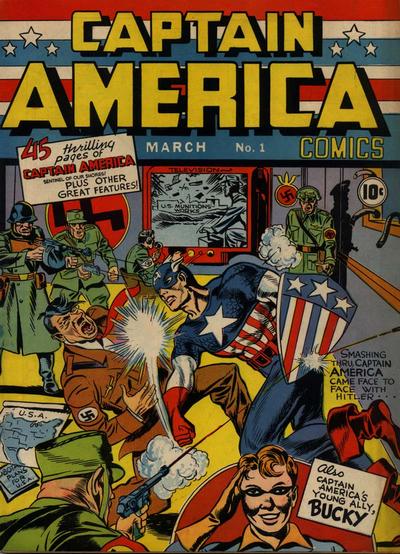 Captain America, created in 1941, in his first issue punching Hitler himself