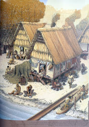 Reconstitution en dessin d'un village du lac léman au IVe millénaire av.
